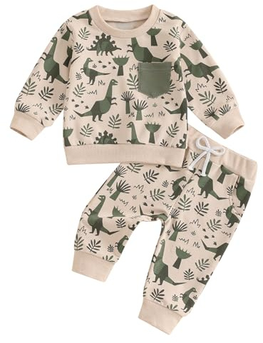 Vioyavo Toddler Baby Boys Fall Outfits Dinosaur Print Pocket Long Sleeve Sweatshirts and Long Pants 2Pcs Clothes Set Tracksuit (Khaki, 2-3 Years)