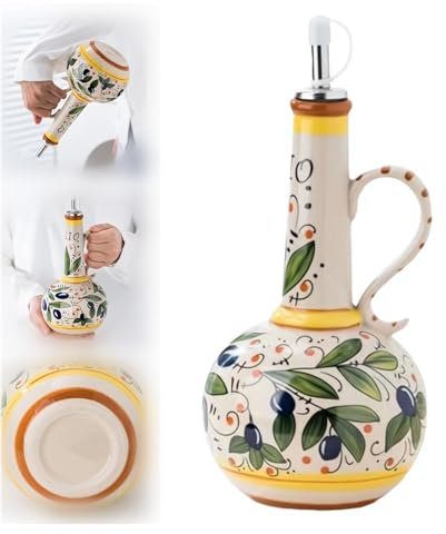 1 flacon distributeur d'huile d'olive en céramique peinte à la main - Distributeur décoratif en grès avec bec verseur pour huile, vinaigre, sirop de café - 652 g