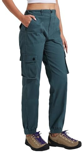 Pioneer Camp Pantaloni Cargo Donna Elasticizzati Pantaloni da Escursionismo con Cintura Regolabile in Cotone per Lavoro e Tempo Libero con 6 Tasche, Blu/Verde, L