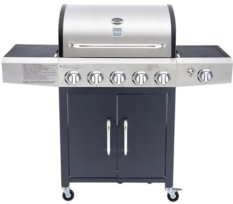 Arsard Barbecue a Gas Professionale XXL Con 6 Fuochi Multifunzione Da 19 KW, Completo Di Bruciatore Laterale, Coperchio, Termometro, Griglia In Ghisa, Ruote, Portabombola E Struttura In Acciaio Inox