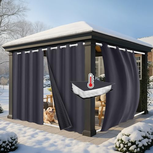 PLODAXE 2er Set Dicke Thermovorhang Kälteschutz Outdoor Vorhang Wetterfest mit ösen, Thermo Vorhang Gegen Kälte Outdoorvorhänge, Wärmeschutzvorhang für Terrasse Garten Balkon(H213 x B132 cm, Grau)