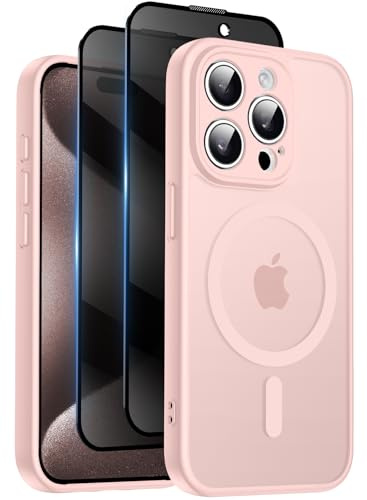 Qasyfanc for iPhone 15 Pro Max Case, Privacy Screen Protectors X2, Pink | Compatible with MagSafe, Camera Protection, 15FT Military Drop Protection, Translucent Matte Shockproof Phone Cover