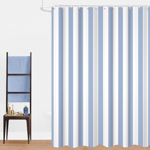 GCIREC Duschdraperi, 180 x 200 cm, vit och ljusblå modern minimalism vertikala ränder serienummer vattentätt tyg maskintvättbar badrumsgardin med krokar
