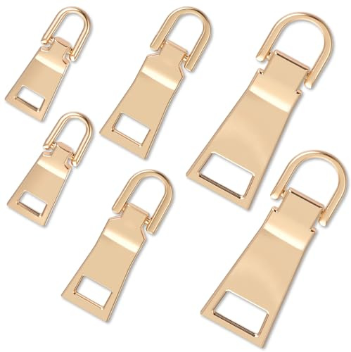 Thinp 6 Pcs Gold Zipper Pull Replacement Kit, 3 Sizes Zippers Tab Repair Metal Zippers Slider Tab Zipper Handle Mend Fixer for Luggage Backpack Jacket Handbags (Small/Middle/Large)