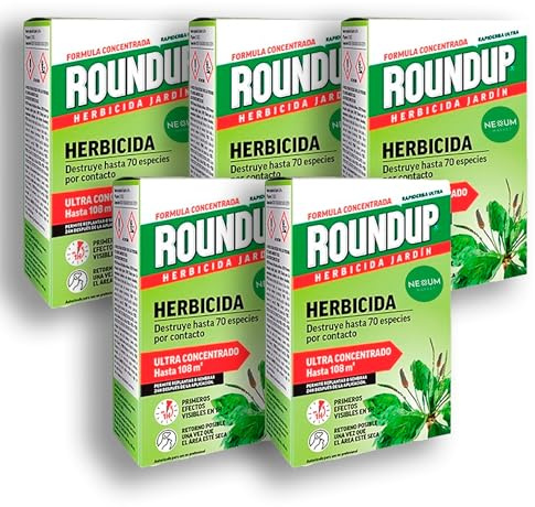 PACK x5 ROUNDUP Herbicida Total para Eliminar Todo Tipo de Malas Hierbas | Efectos Visibles en sólo 2 Horas | 250 ML para diluir en 5L Agua | Elimina hasta 70 de Hierbas/Musgo | Nexum Market