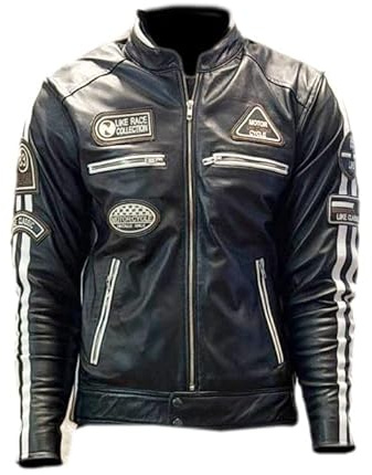 Generico Giacca da Moto in Pelle di Agnello con Protezioni Schiena, Spalle e Gomiti, Giubbotto Sportivo con Patch Racing e Strisce Bianche (IT, Testo, M, Regular, Regular)