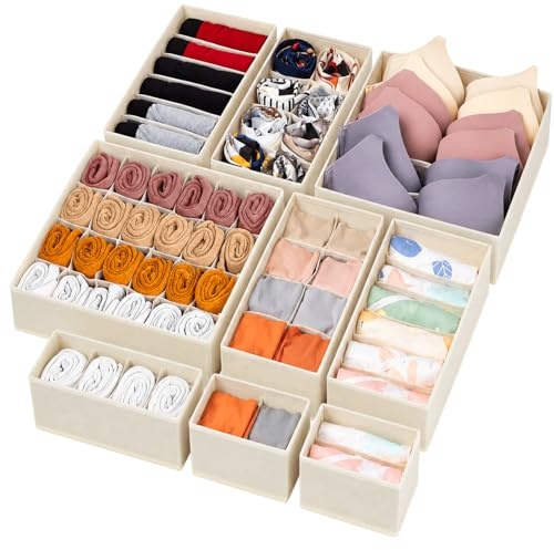 MAK2 12 Pack Foldable Drawer Organiser Boxes for Wardrobe Storage, Fabric Clothes Storage Organiser for Socks, Underwear, Bras & Towels, Stackable Storage Boxes for Drawers, Shelves & Cupboards
