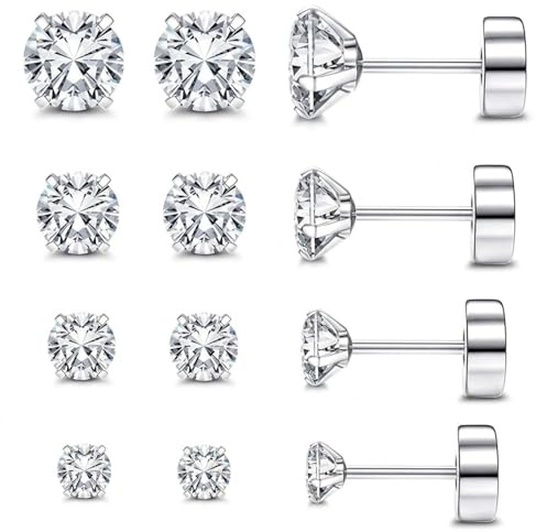 QZKJQDD 4 Pairs Flat Back Earrings, Cubic Zirconia Stud Earrings, 316L Surgical Stainless Steel Earrings for Women Men, Round Cut 4-Claw CZ Simulated Diamond, Hypoallergenic Jewellery, Silver Tone