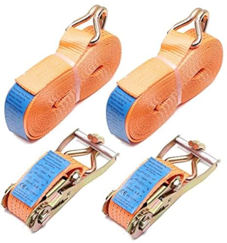 KATSU Tools 2 x 5000kg (5 Tonne) 10m Ratchet Tie Down Lashing Strap 2pcs Set Heavy Duty Tensioning Belt Material Handling EN 12195-2 with Belt Width of 5cm + Claw Hook