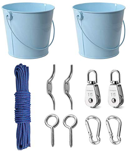 FUQUN Blue 2sets Accessoire Cabane Enfant Exterieur, Le Système de Poulie est L'accessoire pour Cabane Bois Enfant dans Arbres, Cadre d'escalade; Poulie pour Enfants à Partir avec Seaux de 8 Ans