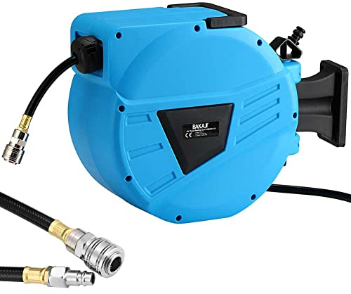 Bakaji Enrollador de manguera de aire comprimido con tubo de 10 m Conexión de 1/4 Fijación a pared con caja extraíble y asa, ahorra espacio, accesorio compresor de aire comprimido presión máx. 8 bar
