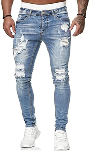 HUNGSON Men's Blue Slim Fit Jeans Stretch Destroyed Ripped Skinny Jeans Side Striped Denim Pants(LLBlue,32)