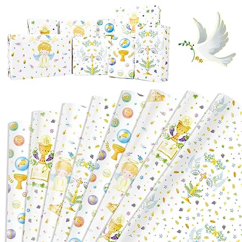 DPKOW 8 Pezzi Prima Comunione Carta da Regalo Angelo Colomba Pesce Carta da Imballaggio Battesimo Baby Shower Fogli di Carta da Regalo Compleanno Natale per Bambino Bambina, 70 * 50 cm Riciclabile