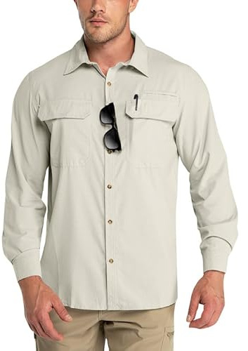 Outdoor Ventures långärmad skjorta utomhus funktionell skjorta snabbtorkande skjortor casual fritidsskjorta andningsaktiv sportskjorta vår sommar höst med fickor för vandring camping resor, Beige, S