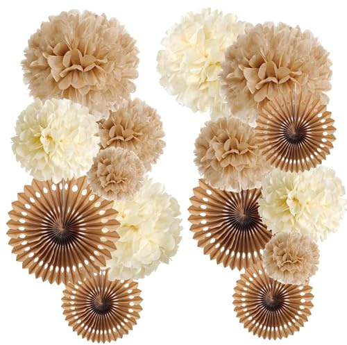 SUNBEAUTY Pompom Papier de Soie 15pcs Decoration Salle de Mariage Boho, Brun, Deco Mariage Champetre Éventail en Papier Suspension pour Anniversaire Chambre Maison Deco