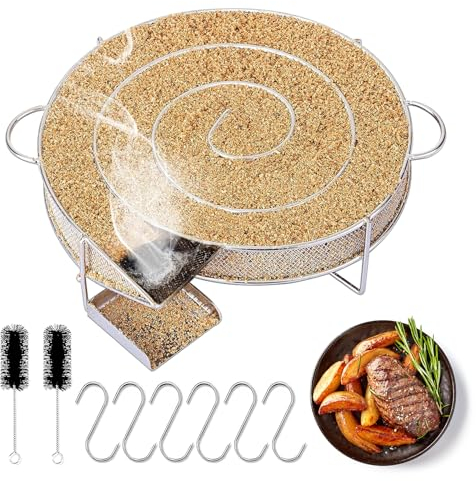 Kaltrauchgenerator mit Henkel, mizikuu Rund Kaltraucherzeuger aus Edelstahl Kaltrauch Cold Smoke Generator mit 6 Fleischhaken + 2 Reinigungsbürste,Food Smoker für Grills,BBQ,Räucheröfe, Mehrweg