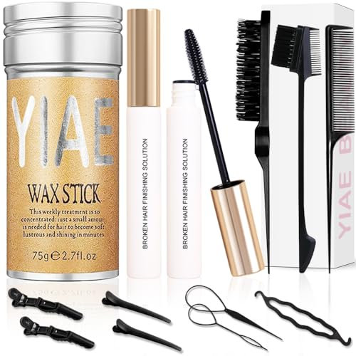 YIAE Hair Wax Stick Set, Haarwachs Stick mit 2 Haargel Frauen fur Babyhaare Fixieren mit Sleek Bun Bürste Set, Haarstyling Produkte mit Nicht Fettender Pomade haarwax für Flyaways Rand Frizz Haar