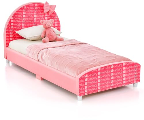 DREAMADE Lit Enfant 152x77x70CM avec Sommier à Lattes,4 Pieds Réglables,Tête de Lit Souple,Cadre de Lit Motifs Nœud pour Filles Garçons 1-8Ans,Charge 80KG (Nœud Rose)