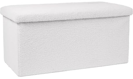 OHS Boucle Ottoman Toy Storage Box, White Ottoman Large Blanket Box Storage Trunk with Lid Bedroom Living Room Sturdy Space Saving, Cream