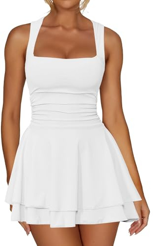 Kaximil Women's Square Neck Ruffle Hem Mini Dress Ruched Waist Short Party Dresses, White, S
