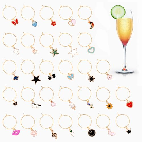 OOTSR 30Pz Segna Bicchieri Calici, Segnabicchieri Charms Riutilizzabili per Bicchiere di Vino, Colorati Identificazione Tag con Fibbia, Marcatori di Ciondoli per Feste Degustazione Decorative