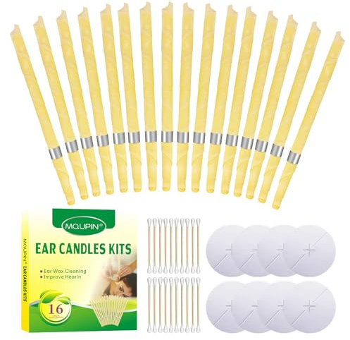 Ohrenkerzen Packung mit 16 Ohrkerzen, Ohrenkerzen Zur Reinigung Ohrenschmalz Hohlkegel mit Sicherheitsfilter, 8 Schutzscheiben und 20 WattestäBchen