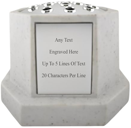 Personalised Engraved Octagon Memorial Rose Bowl Grave Marker Flower Pot Vase Black or White Available With Silver Lid & Plate (White)