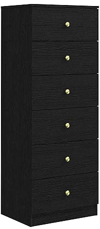 Panana Wooden Vertical Chest of Drawers, Tall Storage Cabinet 6 Drawers Dresser Bedroom Storage Cupboard with Wide Drawers & Metal Gold Handles for Living Room Hallway (Black, 6 Drawers)