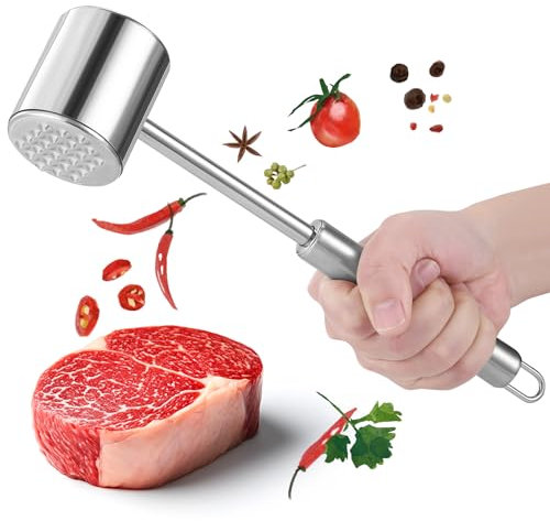 GWHOLE Attendrisseur de Viande en Acier Inoxydable Marteau à Viande Marteau à Steak Marteau à Double Face pour Attendrir la Viande pour Steak Poulet Argenté Côtelettes