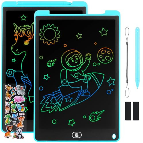 Damcyer Tablette D'écriture LCD 12 Pouces-2 Pack,LCD Tablette Dessin avec Ecran Coloré,Bloc D'écriture Effaçable avec des Autocollants D'animaux,pour Garçons et Filles de 3 4 5 6,Bleu+Bleu