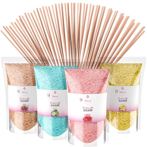 Misskandy®-Sucre Barbe à Papa pour machine- Arômes Naturels - Lot de 4 * 160GR (Fraise-Cola-Pomme-Citron) / poudre barbapapa+ 20 Bâtonnets (offerts) - MADE IN FRANCE