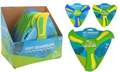 BLUE SKY - Bumerang - Outdoor-Spiel - 047705 - Zufällige Farbe - Schaumstoff - 23 cm - Spielzeug für Kinder und Erwachsene - Weich - Leicht - Innen - Außen - Wurfspiel - Indoor - Ab 6 Jahren