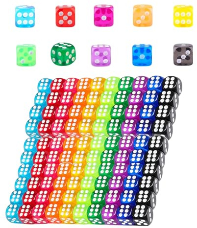 HAXIHA Lot de 100 dés, couleurs translucides, dés à six côtés de 14 mm, cubes de jeu multicolores, pour jeux de dés, jeux de table, jeux de société, multicolore