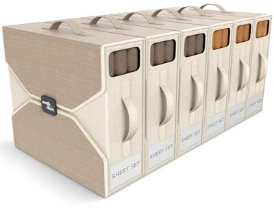 6 Pack Bed Sheet Organizers - Foldable Bedsheet Organizers and Storage, Sheet Organizers for Linen Closet, Sturdy Sheet Holder with Window, Labels & Handles for King/Queen Bed, Towels & Blankets