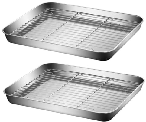 iplusmile Juego De Bandejas y Rejillas Para Hornear De Acero Inoxidable 26x20x2,5 Cm Multifuncional Antideslizante Para Cocina y Almacenamiento Hogar 2 Unidades