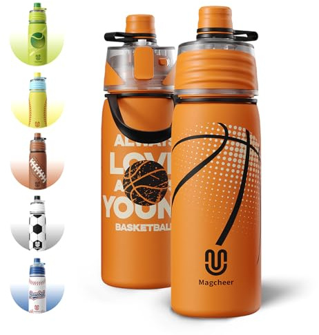 magcheer Basketball Water Bottle - 20oz Insulated Misting Water Bottles Stainless Steel 3D Textured - Basketball Accessories Gift for Kids