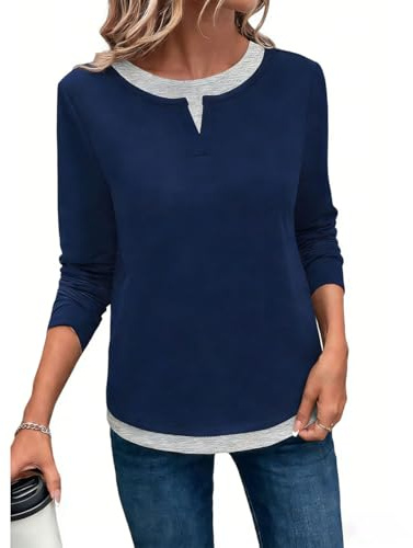 ROFUSSO Maglietta Casual da Donna con Collo Rotondo e Maniche Lunghe Top Morbida a Tinta Unita con Maniche Lunghe Maglietta Basic Leggera(Blu Navy,M)