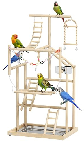 PawHut Parrot Play Stand 95 cm Wooden with Ladders, Chain Toy for Finches | Bird Playground, Stainless Steel Cups, Tray, Bird Cage Accessories, for Parakeets, Cockatiels, Lovebirds, Budgie, Indoor Use