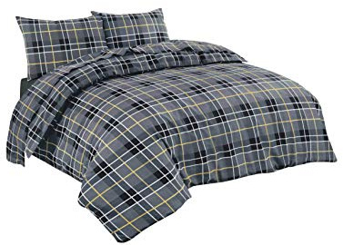NZ Tartan Check Luxurious Flannel 100% Natural Brushed Cotton Thermal Duvet Cover Sets Reversible Bedding Sets (Grey, Single)