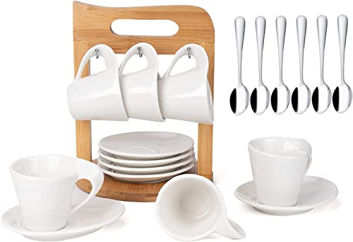 JUJOYBD Espressotassen Set mit Holz Tassenständer, 6x 80ml Porzellan Espresso Tassen dickwandig mit Untertassen Set, Mokkatassen Kaffeeservice für 6 Personen