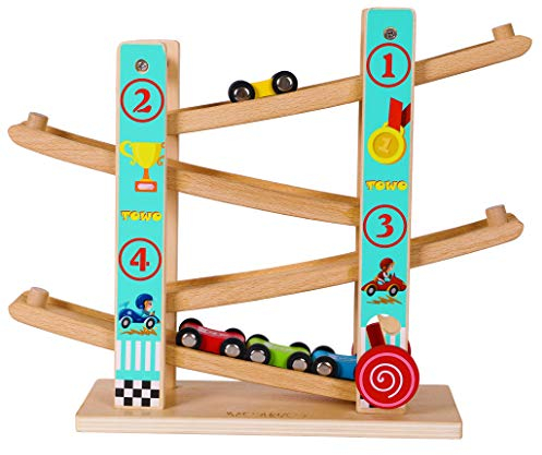 TOWO Pure Wooden Zig Zag Car Ramp - Slide Run with 4 Cars Playset - Click Clack Track Racing Toy for Toddlers Boys Girls Ages 1-4