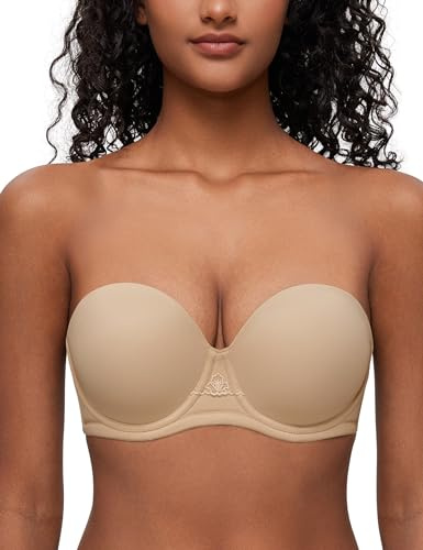 Deyllo Women's Strapless Bra Padded Cup Push Up Plus Size Full Coverage Underwire Support(Nude,34E)