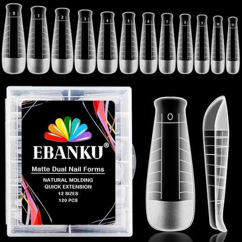 EBANKU 120PCS Clear Matte Full Cover Dual Nail Forms System T-Shape Nail Mold Nail Extension Tips Nail Art Manicure Tools