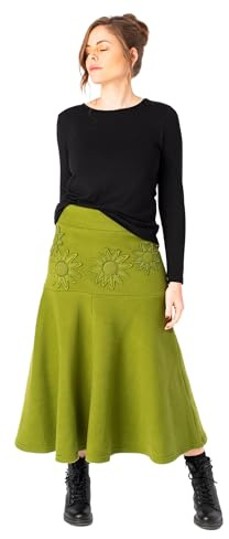 Mamatayoe Modelin. Falda Midi de Mujer de Color Verde para Otoño Invierno. Falda Acampanada a Media Pierna con Bordado y Cinturilla Elástica de Algodón. Talla XL