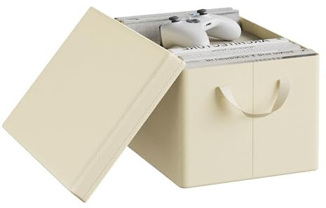 WOLTU Storage Box with Lid, Set of 1, Folding Storage Box, Non-Woven Fabric Storage Box, with Handle, Removable Lid, Cream, 38 x 27 x 20 cm