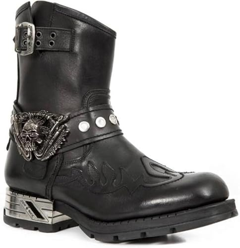 Botas De Caballero para Hombre Botas De Motociclista Botas De Montar Cortas Botas Steampunk De Cuero PU Medieval con Decoración De Calavera Bordado Vintage Botas Vaqueras Vaquera, Black, 7 UK
