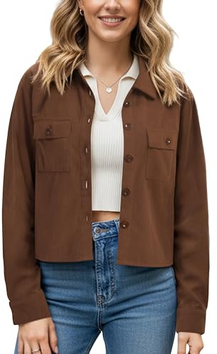 Enmain Veste Courte Femme Marron Blouson Mi-Saison Tendance Chemise Légère en Velours Côtelé avec Poches Poitrine et Boutons,XL