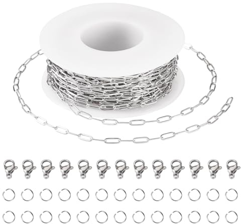Craftora 10 m pappersklippkedjor i rostfritt stål, oval länk, lödda förlängningskedjor med hummerlås, bindringar för armband, halsband, smyckestillverkning