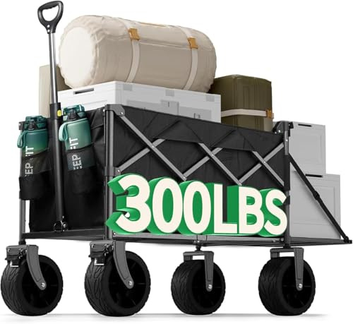 Festival Trolley, 300L Folding Beach Trolley Cart with Adjustable Tailgate, 360° Wheels and Brake Load up 150KG, Adjustable Handle Cover Bag, All-Terrain Wagon or Beach Camping Garden