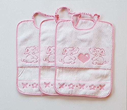 OM DOLCE CASA Bavaglie con elastico elefante set da 3 pezzi con inserto in tela aida per punto croce cm 24x31 colore rosa